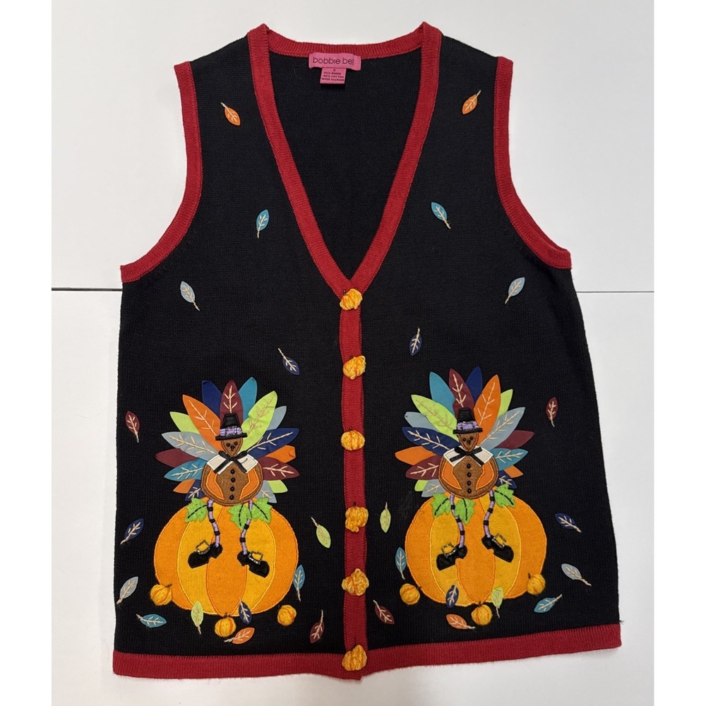 Vtg Bobbie Bell Thanksgiving Sweater Vest Turkey Pumpkin Grandma Core Y2K Sz S